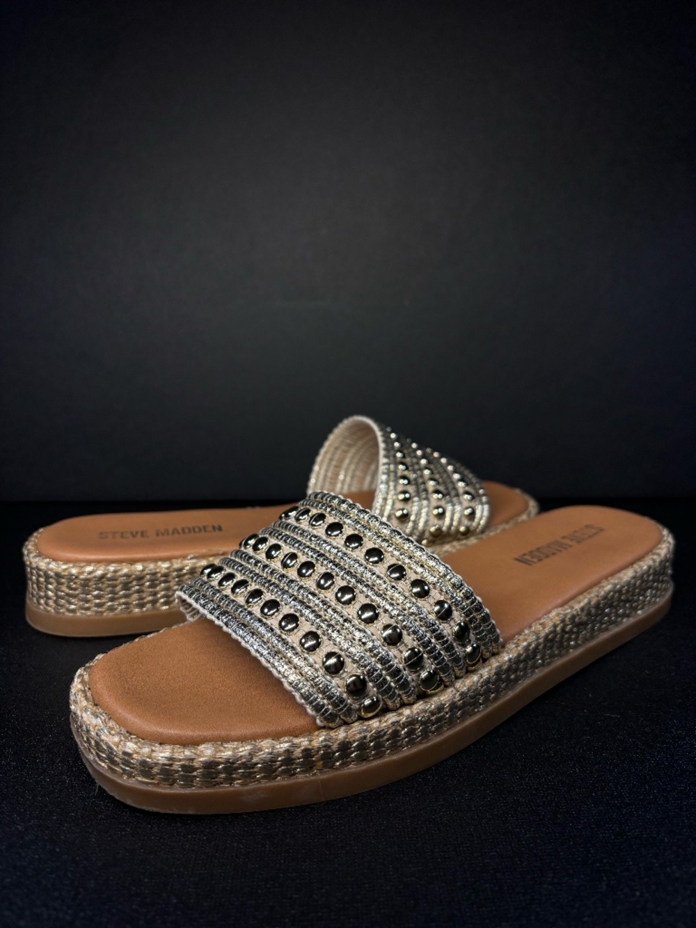 Steve Madden Boardwalk Studded Espadrille Platform Slide Sandals 8.5